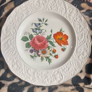 White Floral Ceramic Dinner Plate with Pink & Orange Bouquet